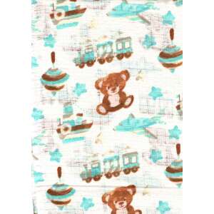 1db-os mintás textil pelenka - türkiz maci, jármű mintával, 60x80cm, 100% pamut, Öko-tex minőség - Textil pelenka