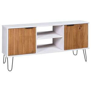 vidaXL New York TV stand, white and light wood, solid pine wood, 2 doors, 4 shelves, metal legs - Furniture