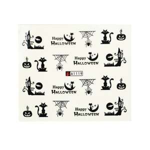 Halloween körmök matricák fekete macskával, pókhálóval, tökkel és ház mintákkal - Körömmatrica