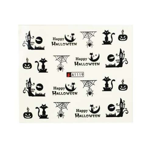 Halloween körmök matricák fekete macskával, pókhálóval, tökkel és ház mintákkal