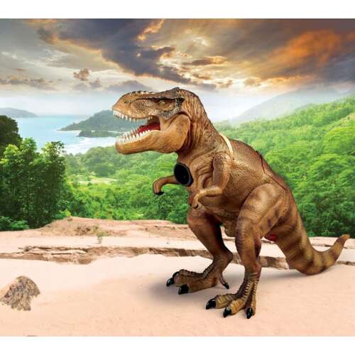 Brainstorm Toys T-Rex Projector & Room Guard, голяма кафява играчка динозавър T-Rex с проектор в устата, стояща на пясъчен плаж