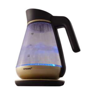 Elektryczny czajnik szklany PRIME3 SEK51GL o pojemności 1,5 l z niebieskim podświetleniem LED, złote i czarne akcenty - Czajnik, Opiekacz do kanapek, Blender, Toster i Wirówka i prasa do owoców