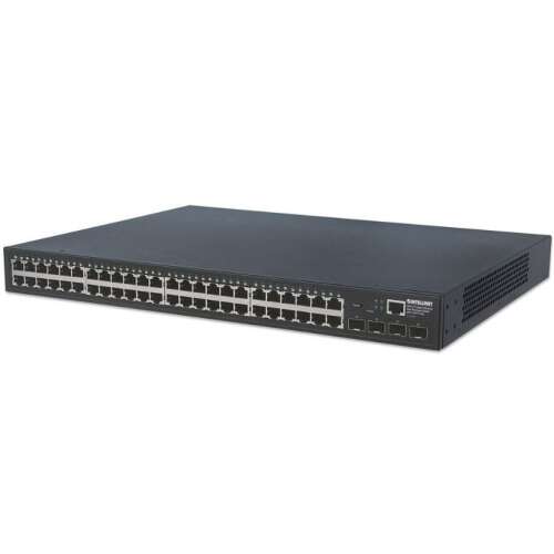 Intellinet 561334 48 portos Gigabit Ethernet web-vezérelt switch 4 SFP porttal, fekete, elülső nézet