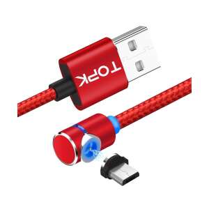 Magnetický nabíjací kábel pre mobilný telefón, TOPK, LED, dĺžka 1m, 2.4A USB na Micro USB, uhol 90 stupňov, otočenie 360, červená