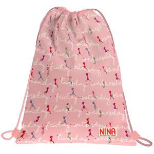 Pink drawstring bag with days of the week and small figures printed on it, Nina brand - Dressing Accessory