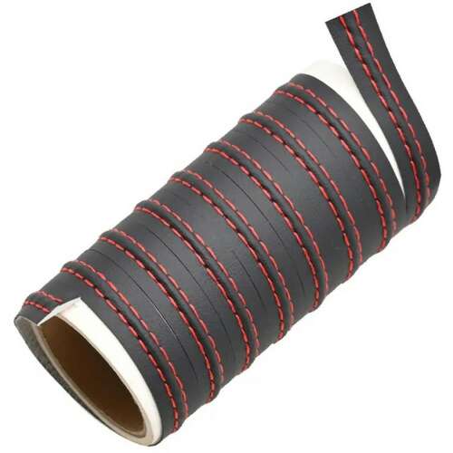 Black eco-leather car trim strip with red stitching, 2 meters long