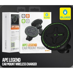 Blueo Ape Legend MagSafe autós töltő és mágneses telefontartó fekete színben, a termék csomagolása is látható - Blueo