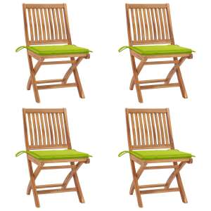 4 db vidaXL összecsukható tömör tíkfa kerti szék lime zöld párnákkal - Kerti fotel & Szék
