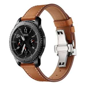 Ezüst és barna valódi bőr okosóra szíj pillangó csattal Samsung Galaxy Watch 46mm, Watch GT2 46mm, Watch GT 2e, Gear S3 Frontier, Honor MagicWatch 2 46mm órákhoz - Okosóra szíj