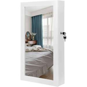 Tükrös zárható ékszerszekrény, falra szerelhető ékszerrendező, fehér