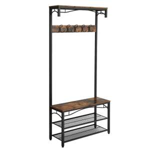 Mobilier hol cu rafturi, umerase,cu suport pentru pantofi și scaun, maro rustic 80x32x178cm