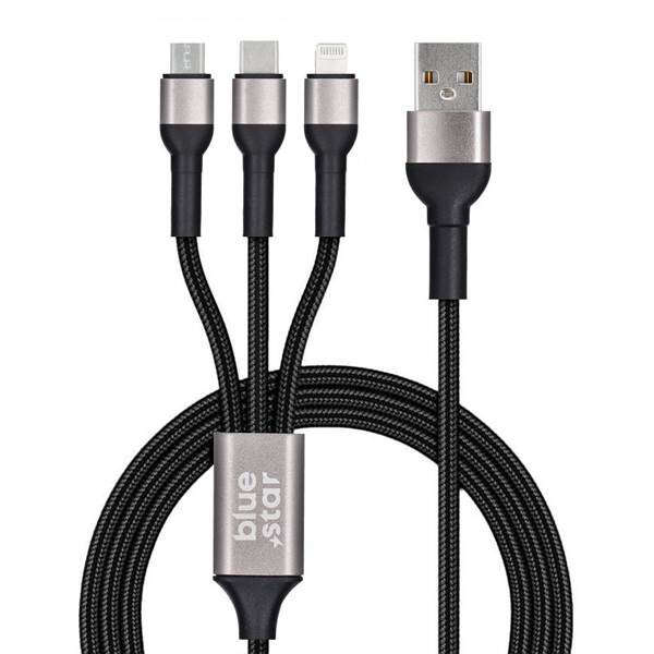 BLUE STAR opletený kábel 2,4A 3v1 USB A na Lightning / Micro USB / Typ C TFK-DC-010 1,2 m čierny