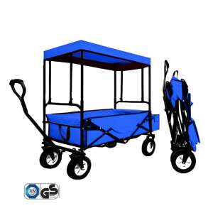 Zusammenklappbarer blauer Garten- und Strandwagen mit Verdeck, offene und zusammengeklappte Ansicht - Leziter