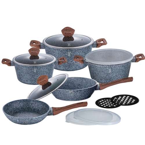 Berlinger Haus Forest Line 13 piece cookware set, grey marble coating, wooden handles