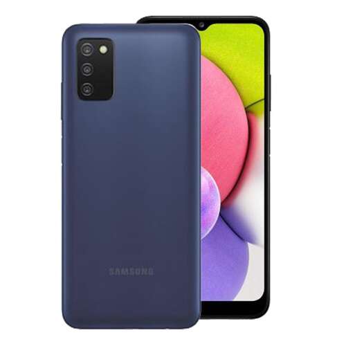 Husă de telefon Samsung Galaxy A03s în albastru, vedere din față și din spate