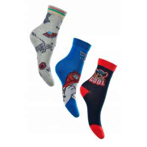3 pack of Paw Patrol kids socks in sizes 31/34, featuring a grey sock with a spaceship design, a blue sock with a Paw Patrol character, and a navy sock with a 'Cool' design - Mancs Őrjárat