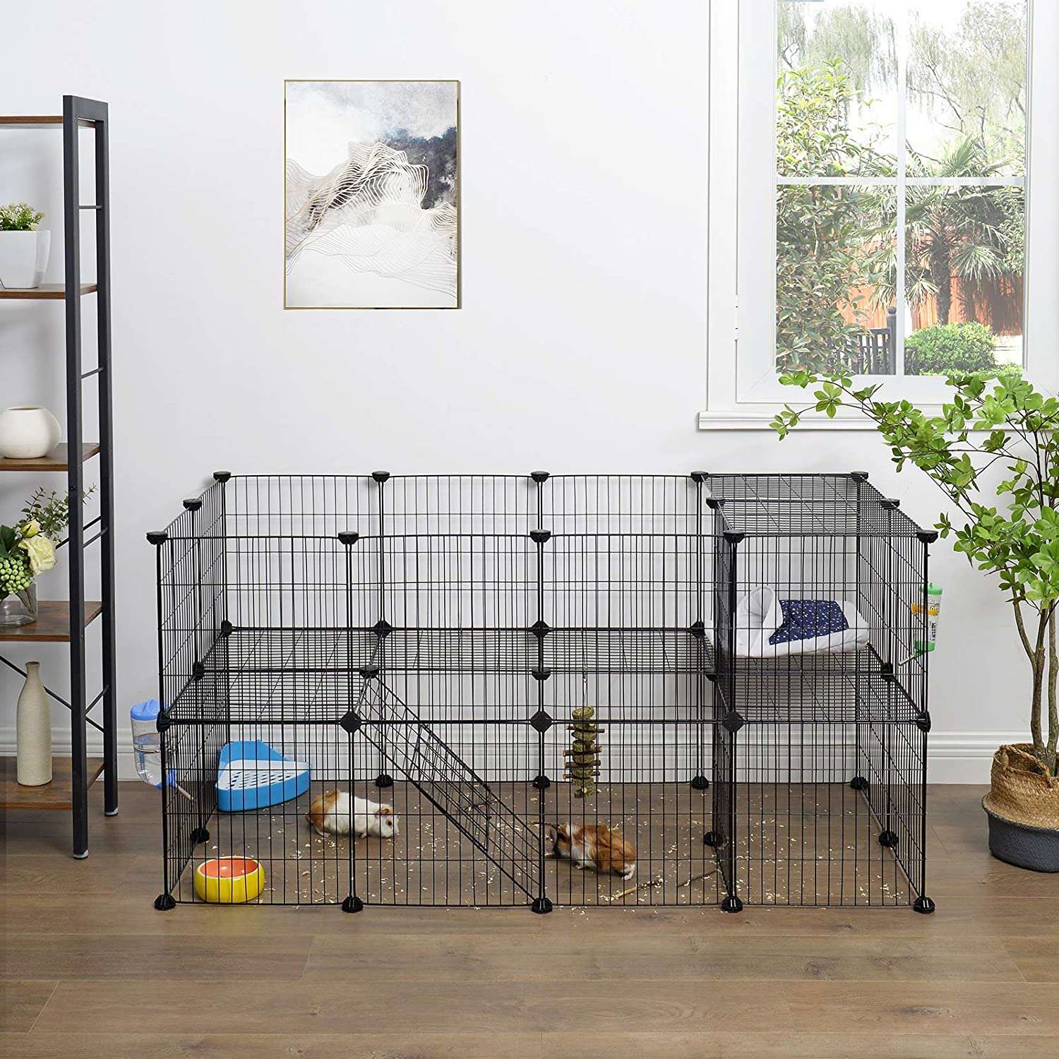 Cușcă metalică pentru animale de companie cobai, iepure hamster, 36 panouri, negru 143x73x71cm