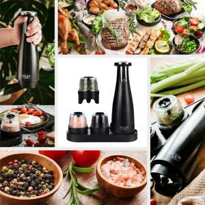 Adler AD 4449b Electric Salt and Pepper Grinder - Black, collage of product images and usage examples - Storage & organization