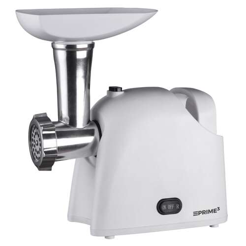 PRIME3 SMM11 elektrische Fleischwolf, weiß, mit Einfülltrichter, Mahlkopf und Schalter für Ein, Aus und Rückwärts