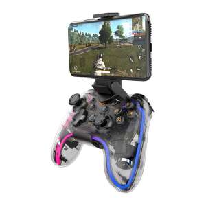 Havit G180BT wireless controller for Android, iOS, Xbox, Nintendo, PS4, PS3, and PC, transparent, with RGB lighting, shown with a phone attached - Controller