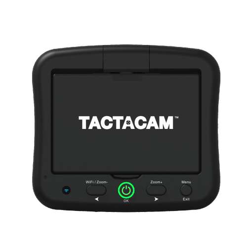 Tactacam Spotter LR kamera, elülső nézet, a képernyőt, a gombokat és a logót mutatja - Vadkamera