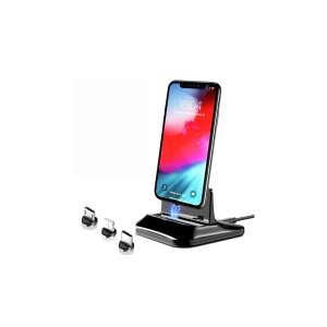 Mágneses telefon töltő és adat dokkoló állomás három mágneses fejjel, micro, type-c, lightning, fekete, 80cm kábellel - Töltő, töltőkábel és egyéb kábel