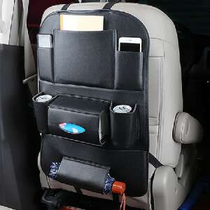 Fekete bőr autós háttámla rendező több zsebbel, pohártartóval és zsebkendő tartóval - Autós rendszerező