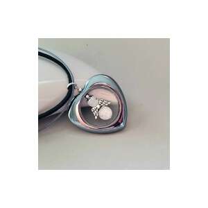 Hematit szív medál hegyikristály angyallal bőrzsinóron - Női nyaklánc