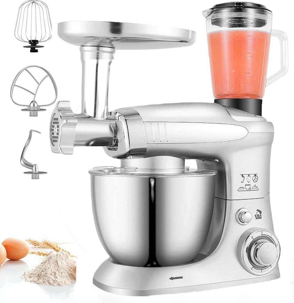 Robot de bucatarie 3in1 Royalty Line RL-PKM1900, 7BG, 1900W, 6.5 Litri, Blender, Mixer Planetar, Tocator, Argintiu