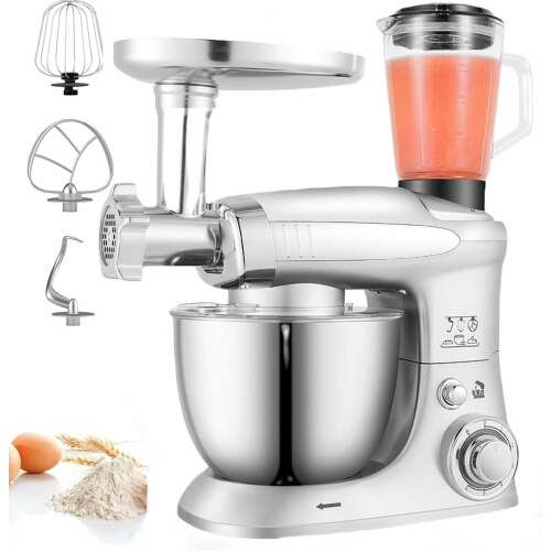 Robot de bucătărie argintiu Royalty Line cu mașină de tocat carne și accesorii pentru blender