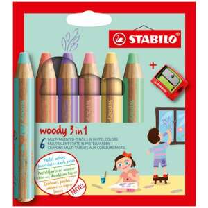 STABILO Woody 3 in 1 pasztell színes ceruzák, 6 darabos készlet, sokoldalú, pasztell színek, papírra, sötét papírra és üvegre rajzoláshoz - STABILO