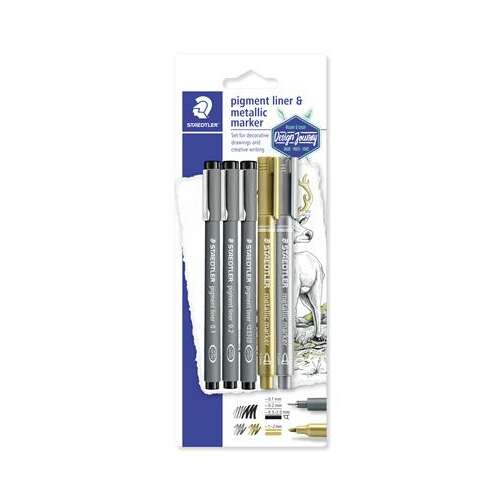 Tusfilc és dekormarker készlet, 5 db, STAEDTLER, "pigment liner 308" 90400073