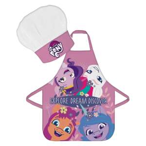 My Little Pony Kids Apron and Chef Hat Set, pink apron with pony characters and Explore Dream Discover text, white chef hat with My Little Pony logo - Kids' apron