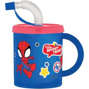 Kubek ze słomką Spiderman Spidey, niebieski z czerwonym wzorem Spidermana, 210 ml, plastikowy, z pokrywką i słomką - Słomiane szkło