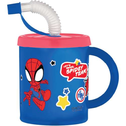 Spiderman Spidey Trinkbecher mit Strohhalm, blau mit rotem Spiderman-Design, 210 ml, Kunststoff, mit Deckel und Strohhalm