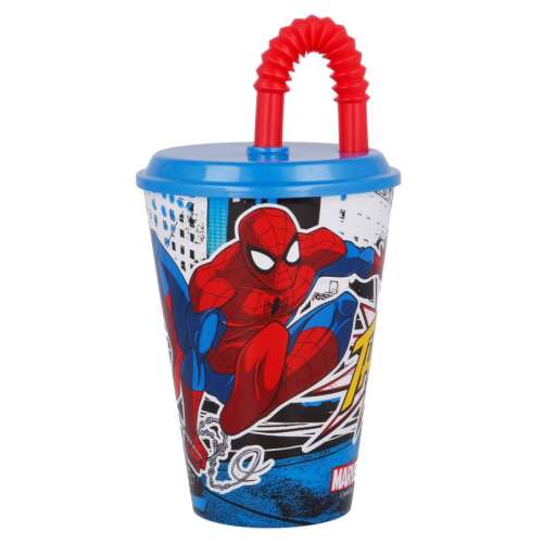 Kubek ze słomką Spiderman Web-Jump z pokrywką, 430 ml, niebieski i czerwony, plastik