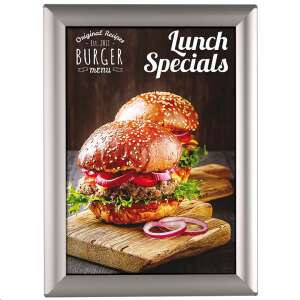 Opti Frame alumínium plakátkeret, A4 méret, szögletes sarokkal, asztali támasztóval, hamburgeres menüvel - MT Displays