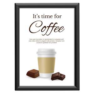 Fekete alumínium pattintós keret, benne egy poszter egy csésze kávéval és csokoládé szeletekkel - MT Displays