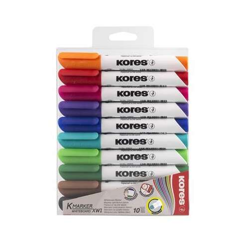 Súprava fixiek na tabule a flipchart, 1-3 mm, kužeľová, KORES "K-Marker", 10 rôznych farieb