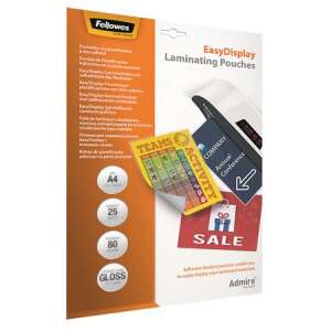 Fellowes Admire Easy Display lamináló tasakok, 80 mikron, A4, fényes, öntapadó, 25 db-os csomag - Fellowes