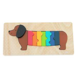 Puzzle din lemn cu dachshund pentru copii mici, 11 piese, colorat, de la Djeco - Joc de construcție din lemn