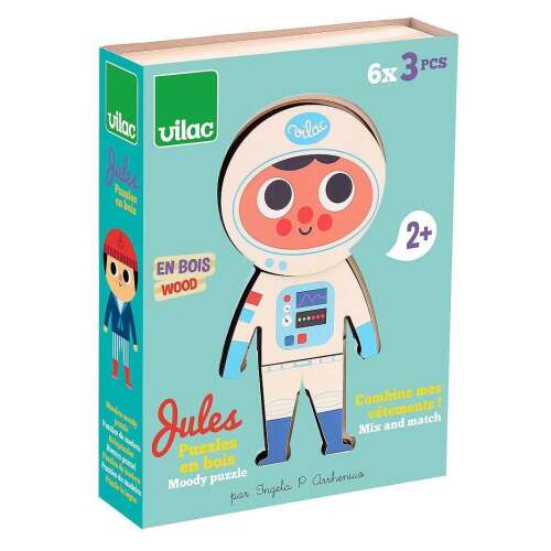 Vilac Jules Puzzle din lemn, puzzle din lemn cu 6 piese pentru copiii de 2 ani și mai mari, cu un personaj drăguț de astronaut