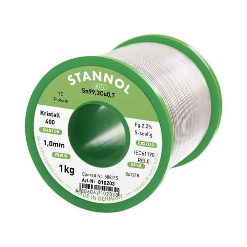 Stannol Flowtin TC ólommentes forrasztóhuzal, 1,0 mm átmérő, 1 kg tekercs, Sn99,3Cu0,7 ötvözet, Németországban készült - Forrasztógép kiegészítő