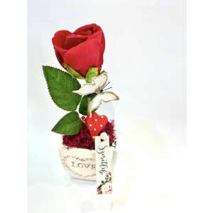 Piros bársonyrózsa kerámia kaspóban, pillangóval és szív díszekkel, tökéletes Valentin-napi vagy Anyák napi ajándék - Ajándék ötlet Valentin-napra