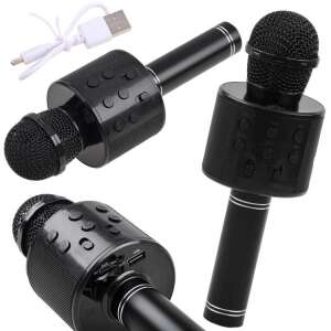 Black Bluetooth karaoke microphone with built-in speaker, showing multiple angles - Audio