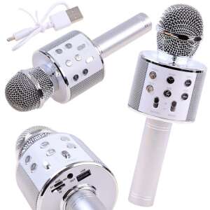 Silver Bluetooth karaoke microphone with built-in speaker, multiple buttons, and USB cable - Audio