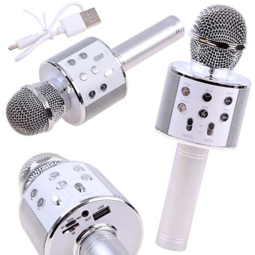 Silver Bluetooth karaoke microphone with built-in speaker, multiple buttons, and USB cable