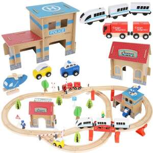 Fa vonatkészlet sorompókkal, járművekkel és épületekkel 90682975 Vonat, vasúti elem, autópálya