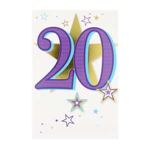 20th Anniversary Greeting Card with Purple Number 20 and Gold Stars - Greeting Card, Invitation
