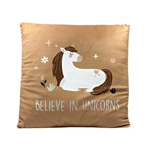 Vedere frontală a pernei decorative cu unicorn, crem, 40x40 cm - Lenjerie de pat